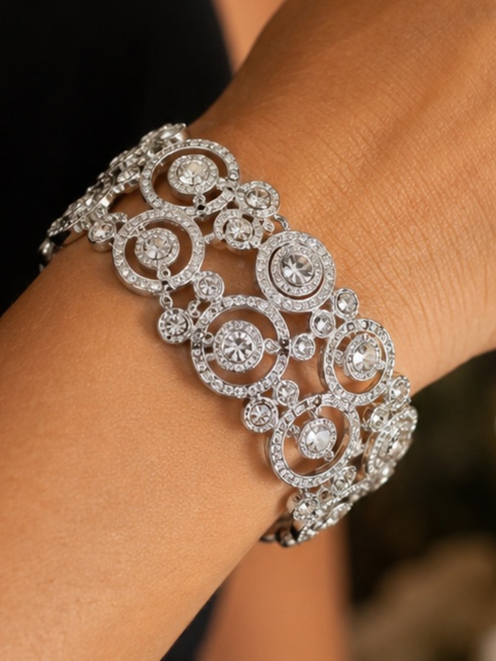 Sparkling Crystal Stretch Bracelet | Silver Circle Statement Jewelry